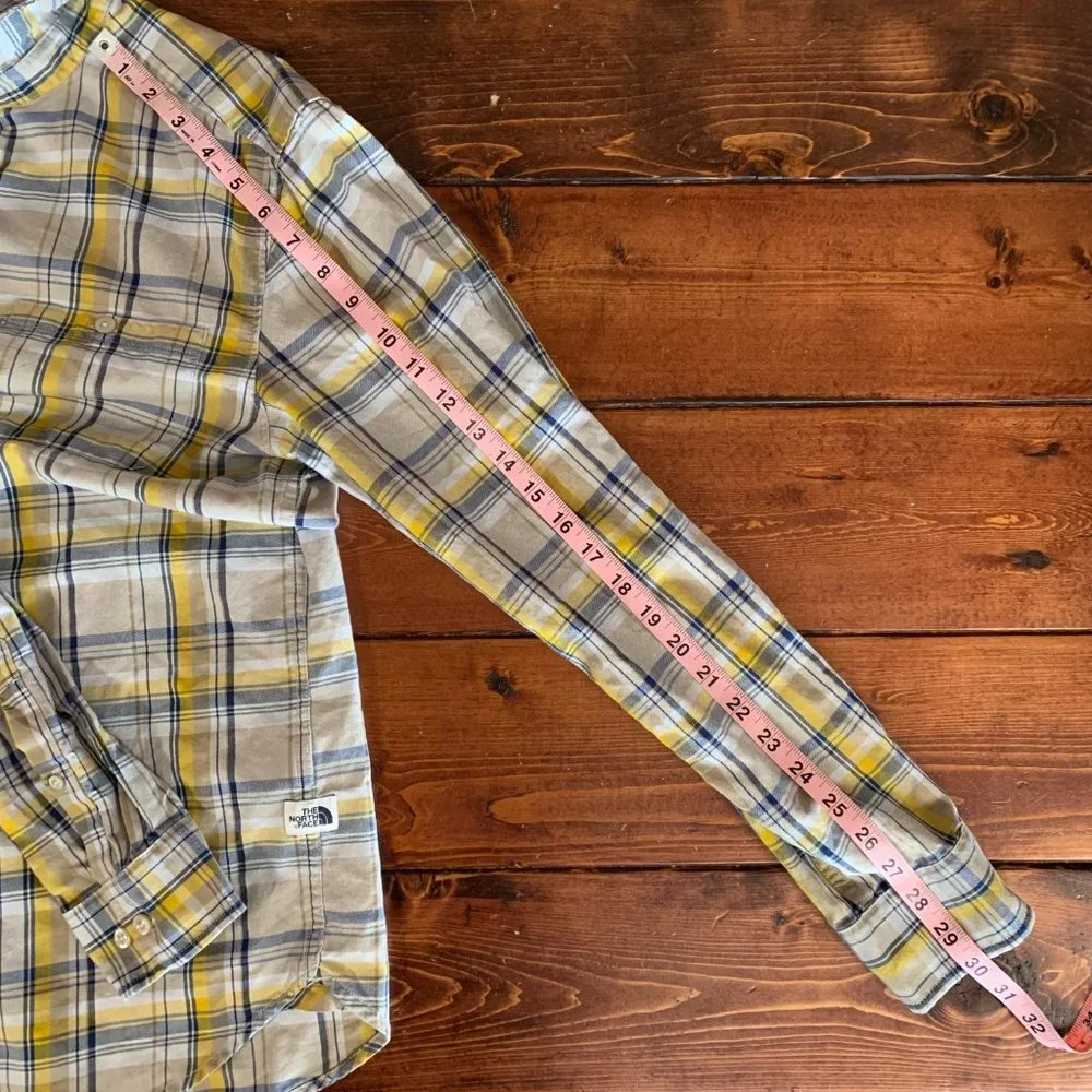 The North Face Men's Yellow Blue Plaid Long Sleeve Medium Button Down Shirt EUC